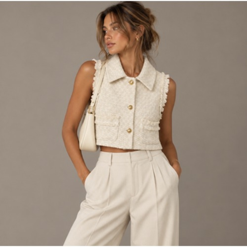Zara Tweed Vest Womens Small Beige Cropped Button Front Fringe Classic Old Money